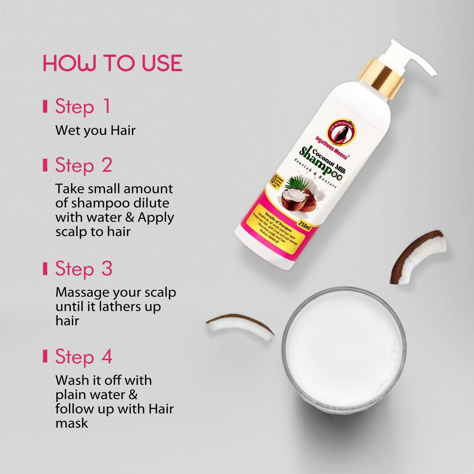 Jegathees Meena Premium Coconut Milk Shampoo 250ml - Image 4